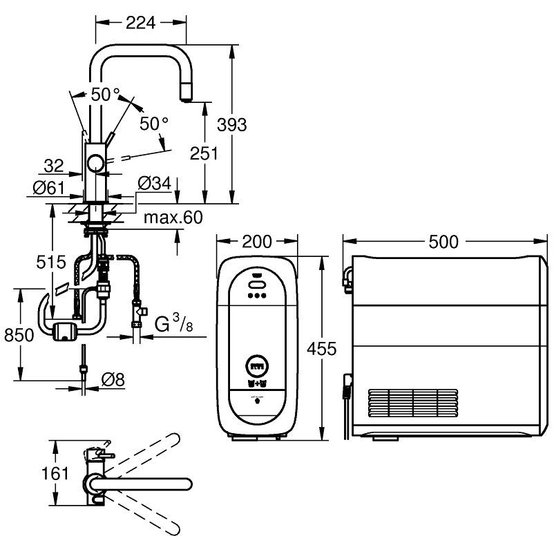 Grohe Blue Home Ondus Baterie de bucatarie cu sistem de filtrare, racire si acidulare, pipa U si dus extractibil, crom