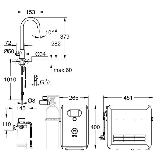 Grohe Blue Mono Professional Robinet de bucatarie cu sistem de filtrare, racire si acidulare, pipa C, crom
