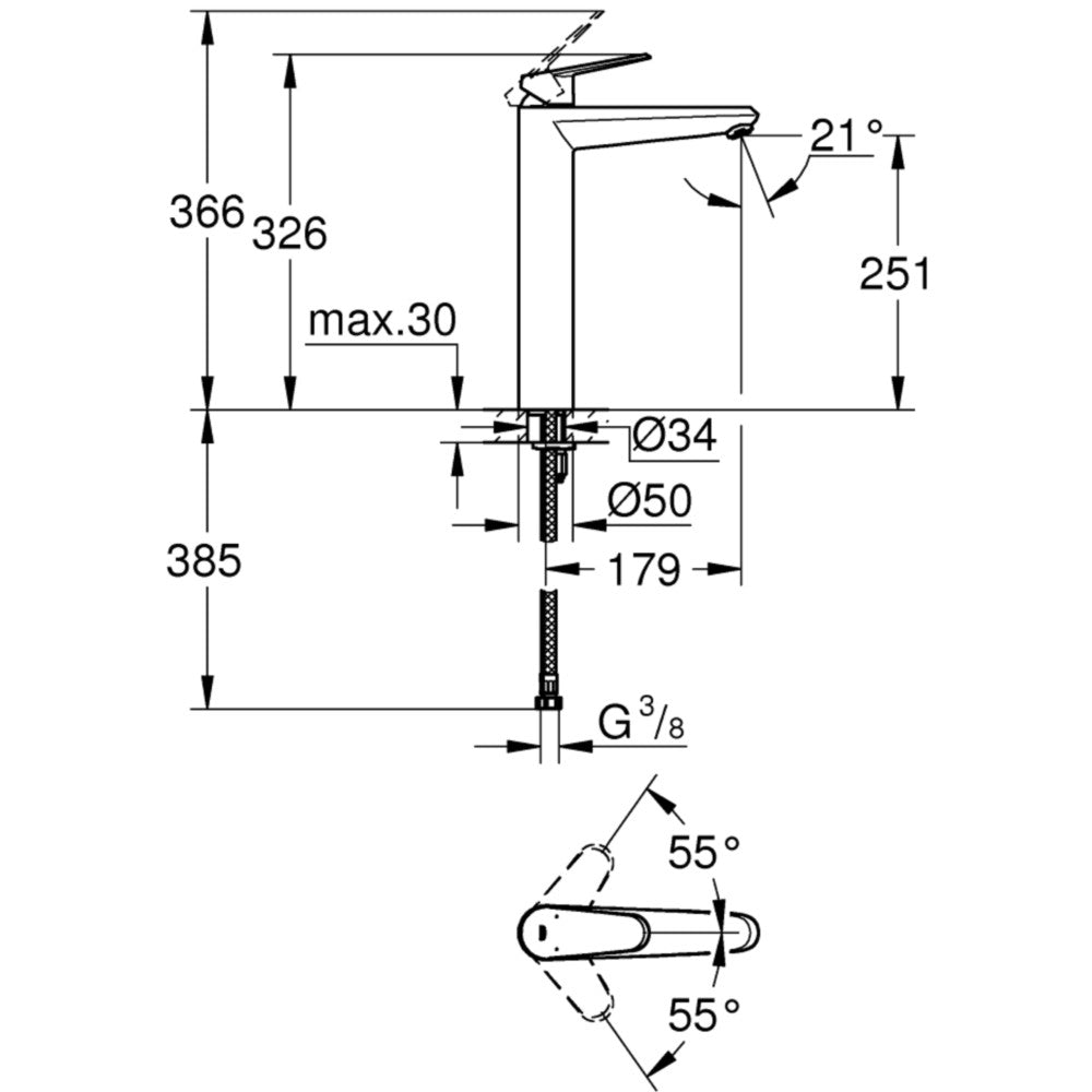 Baterie lavoar pe blat Grohe Eurodisc Cosmopolitan, marime XL