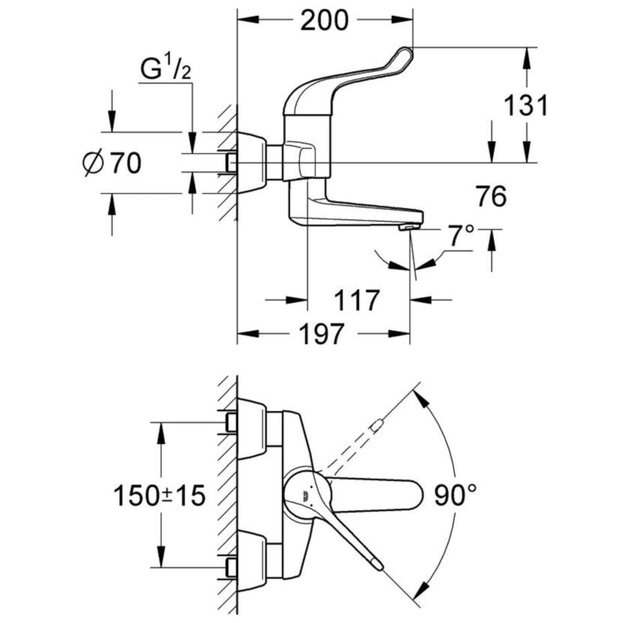 Grohe Euroeco Single Sequential Baterie lavoar monocomanda, montaj pe perete, pipa pivotanta 20 cm