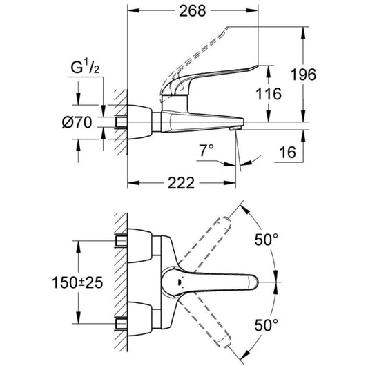 Baterie chiuveta baie perete Grohe Euroeco Special, pipa 22 cm