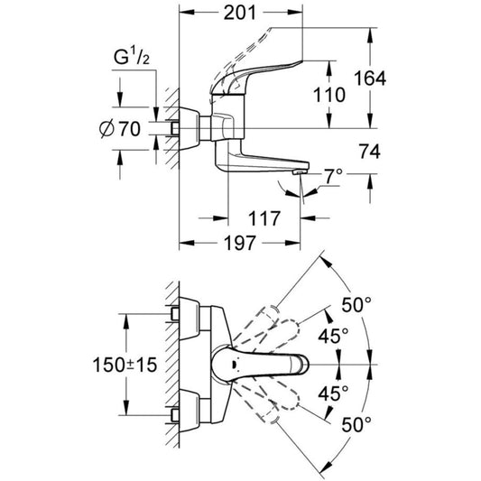 Baterie lavoar perete Grohe Euroeco Special, pipa pivotanta 20 cm
