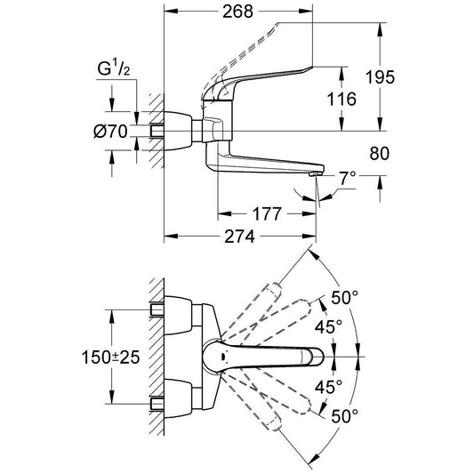 Baterie lavoar perete Grohe Euroeco Special, pipa pivotanta 27 cm