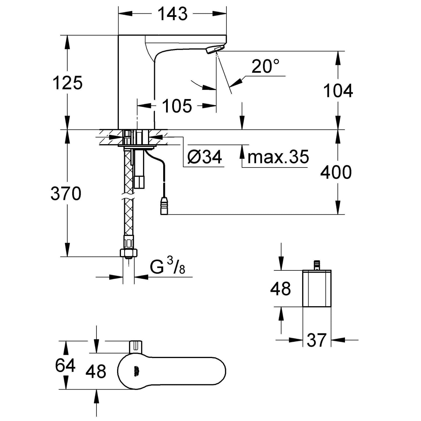 Grohe Eurosmart Cosmopolitan E Baterie lavoar cu infrarosu si mixare apa, alimentare acumulator