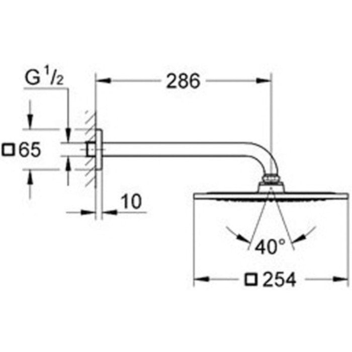Palarie dus fix Grohe Rainshower F-Series, cu brat, montaj pe perete, fara limitator de debit, 25x25 cm