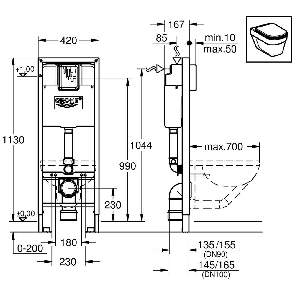 Grohe Rapid SL pentru WC, 1.13 m inaltime de instalare, autoportant