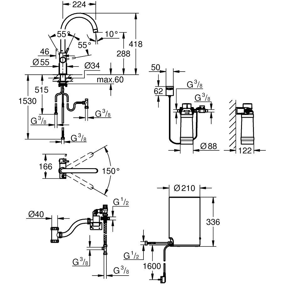 Grohe Red Duo Baterie de bucatarie cu pipa tip C si boiler marime M, crom