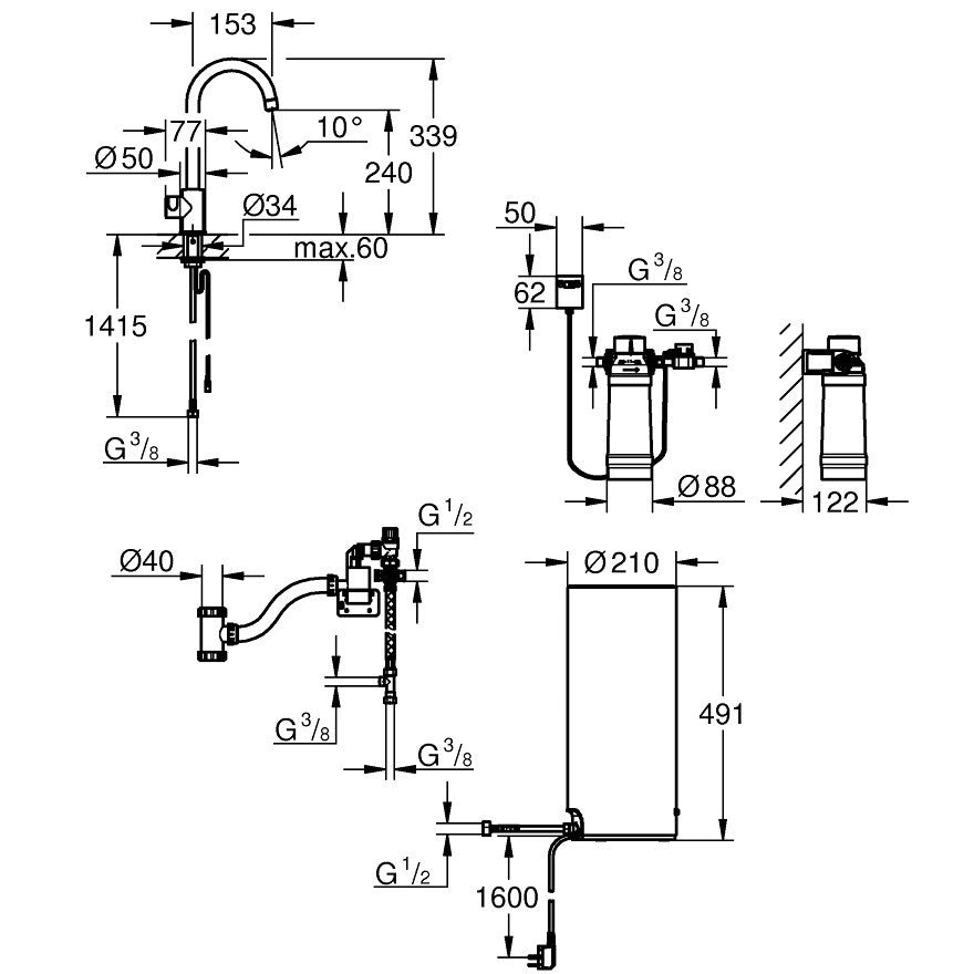 Grohe Red Mono Robinet de bucatarie cu pipa tip C si boiler, marime L, crom
