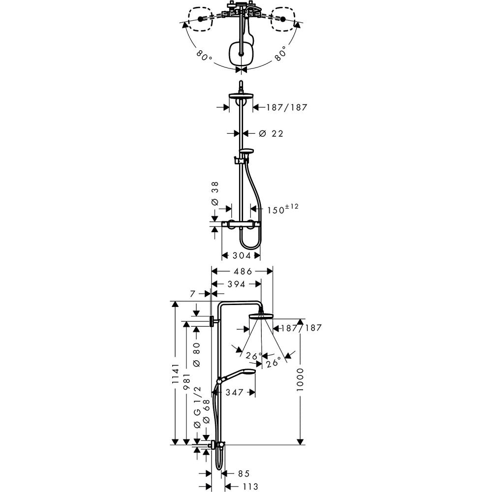 Coloana dus cu baterie si termostat Hansgrohe Croma Select E 180 2jet, H114 cm, alb/crom