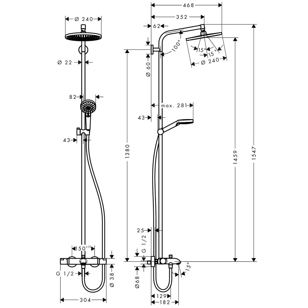 Coloana dus cu baterie si termostat Hansgrohe Crometta S 240 1jet, cu pipa cada