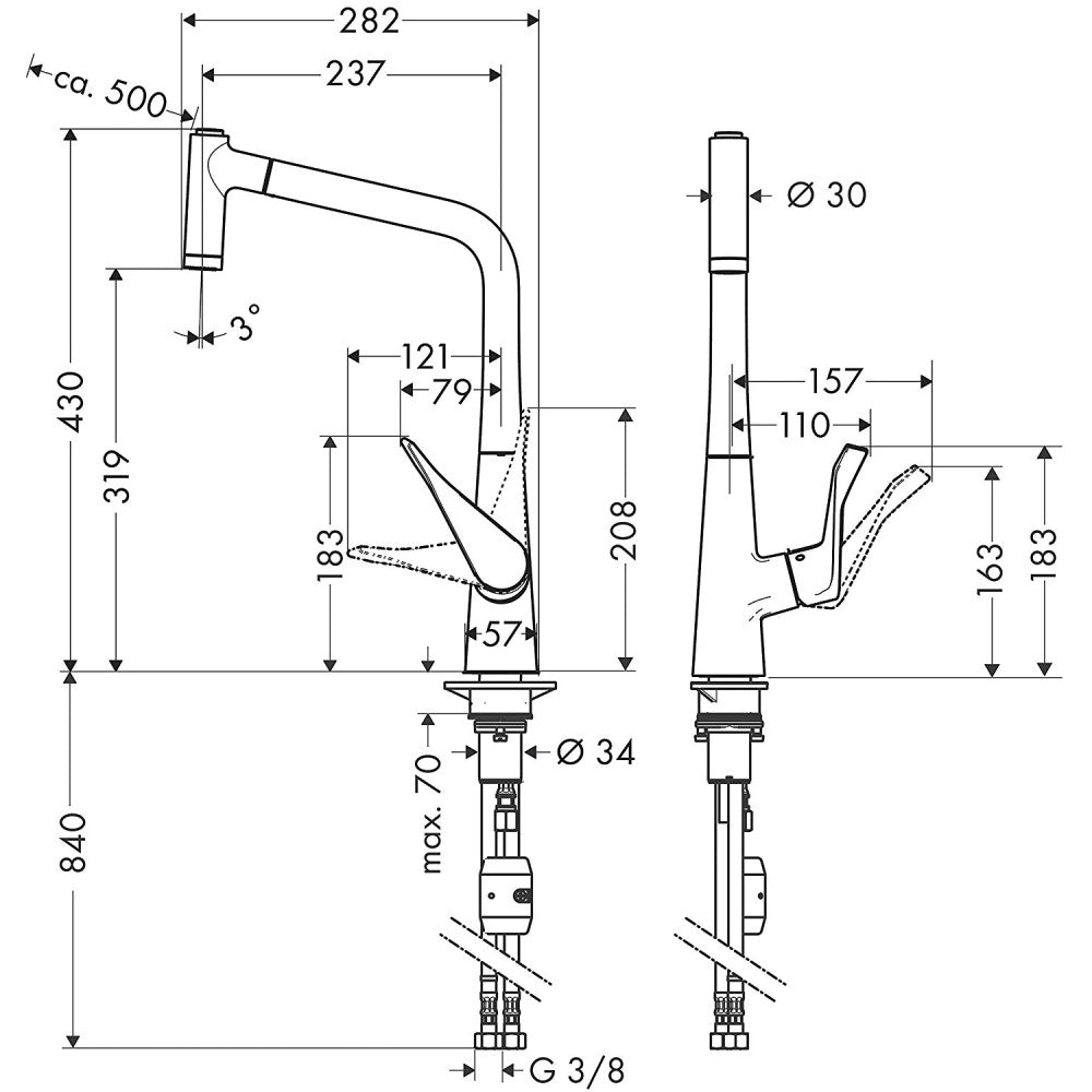 Hansgrohe Metris 320 Baterie chiuveta bucatarie monocomanda cu dus extractibil, aspect inox