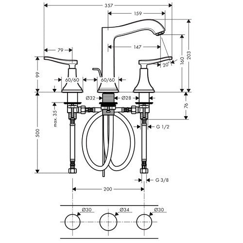 Baterie lavoar Hansgrohe Metropol Classic, dubla comanda, cu preaplin si manare alungite, H20 cm