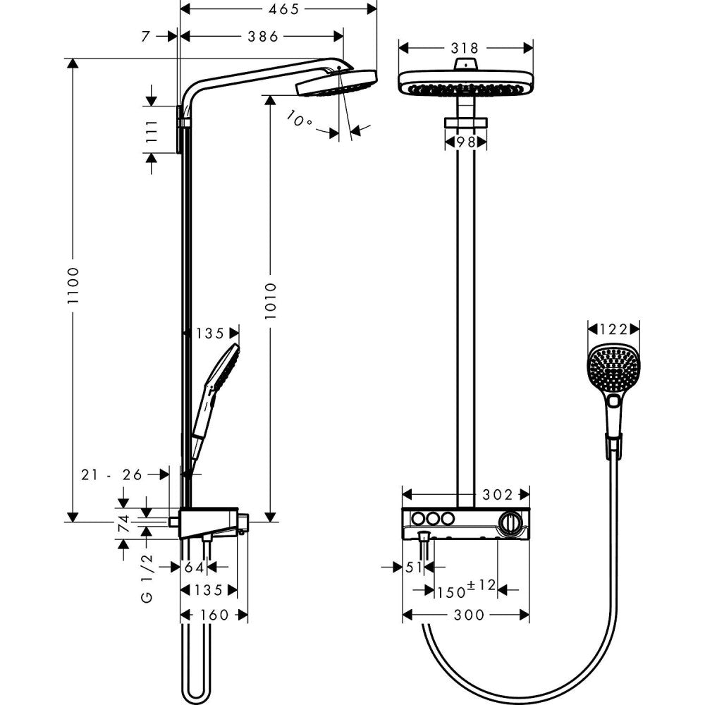 Coloana dus cu baterie si termostat Hansgrohe Raindance Select E 300 3jet ST, alb/crom