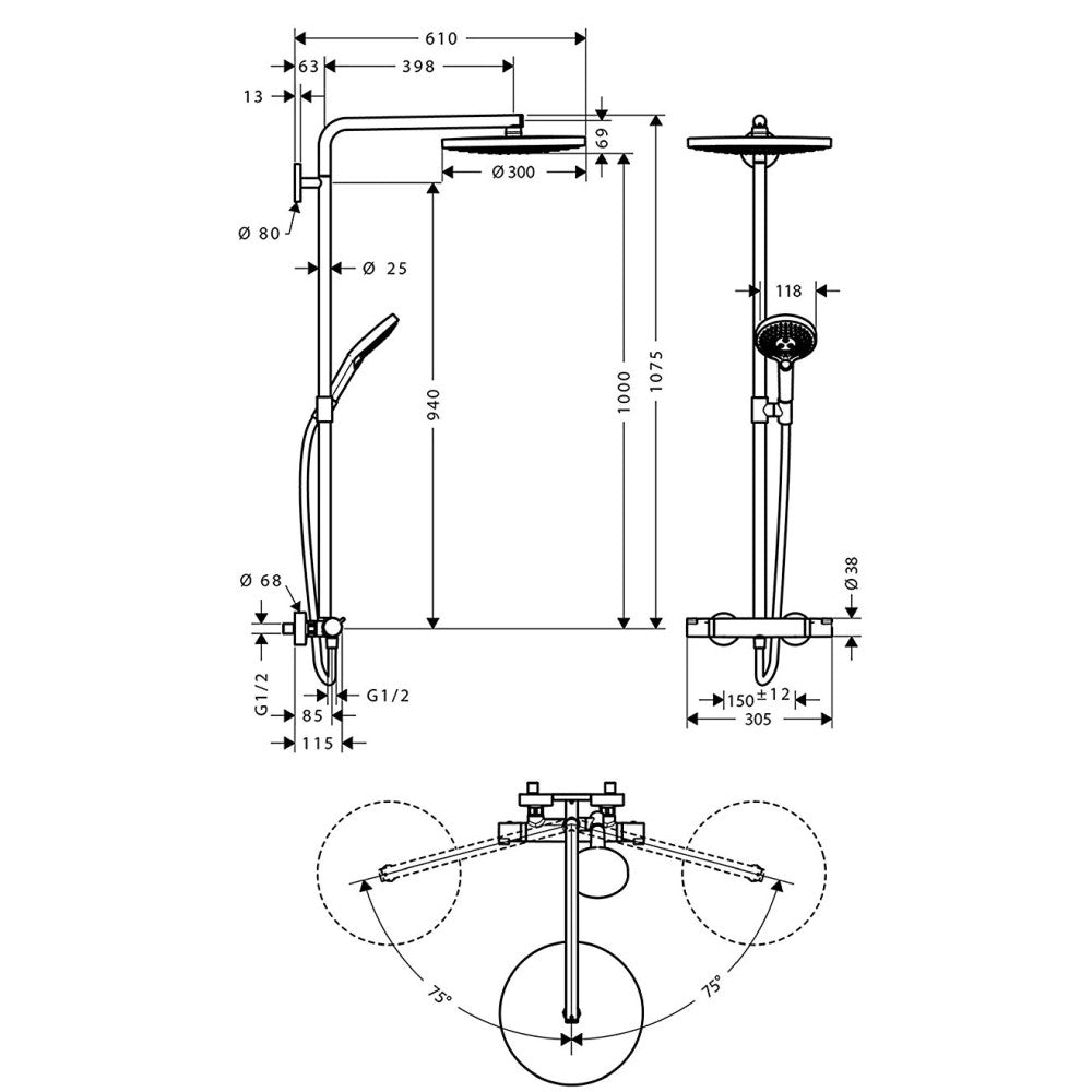 Coloana dus cu baterie si termostat Hansgrohe Raindance Select S 300 2jet