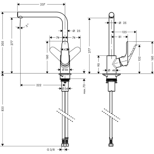 Hansgrohe Focus 260 Baterie chiuveta bucatarie monocomanda, aspect inox