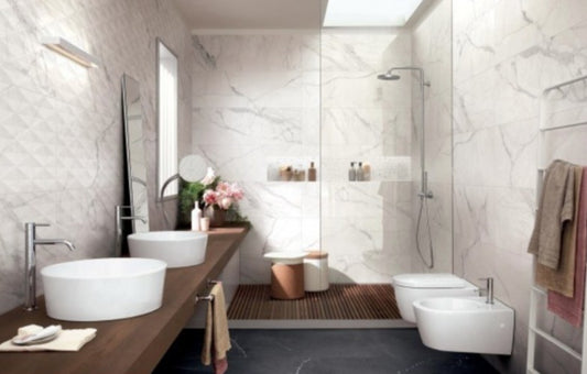 Faianta baie / bucatarie rectificata alba 40x120 cm, Marazzi Allmarble Wall Statuario Satin Struttura Pave 3D