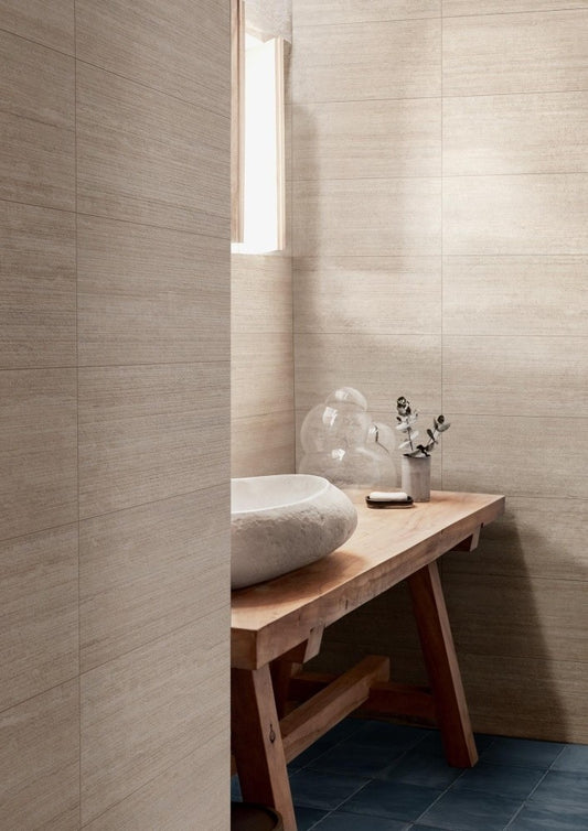 Faianta baie / bucatarie rectificata crem 30x60 cm, Marazzi Mystone Travertino Classico Struttura Righe 3D