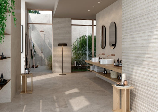 Faianta baie / bucatarie rectificata gri 30x90 cm, Marazzi Puro Alba Wall Greige Struttura Waltone 3D