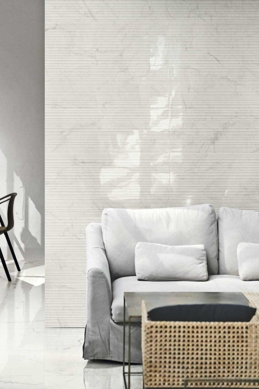 Faianta baie / bucatarie rectificata alba 30x90 cm, Marazzi Marbleplay Struttura 3D Mikado Statuarietto