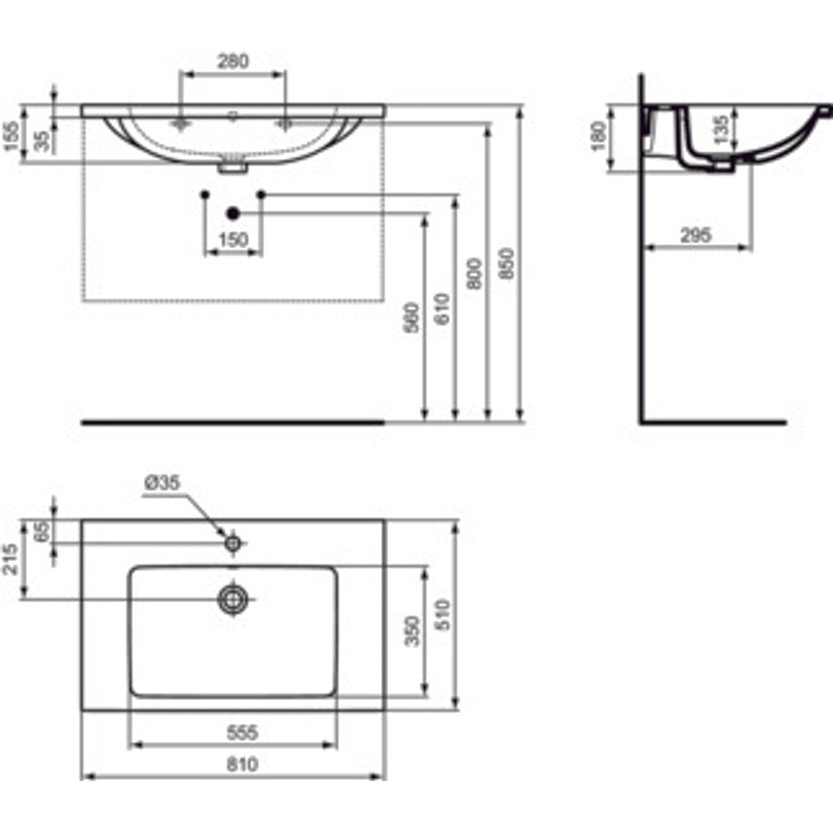 Schita tehnica Lavoar baie suspendat Ideal Standard I.Life B 81x51 cm, cu orificiu pentru baterie