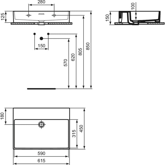 Schita tehnica Lavoar baie suspendat Ideal Standard Extra 62x45 cm, fara orificiu pentru baterie