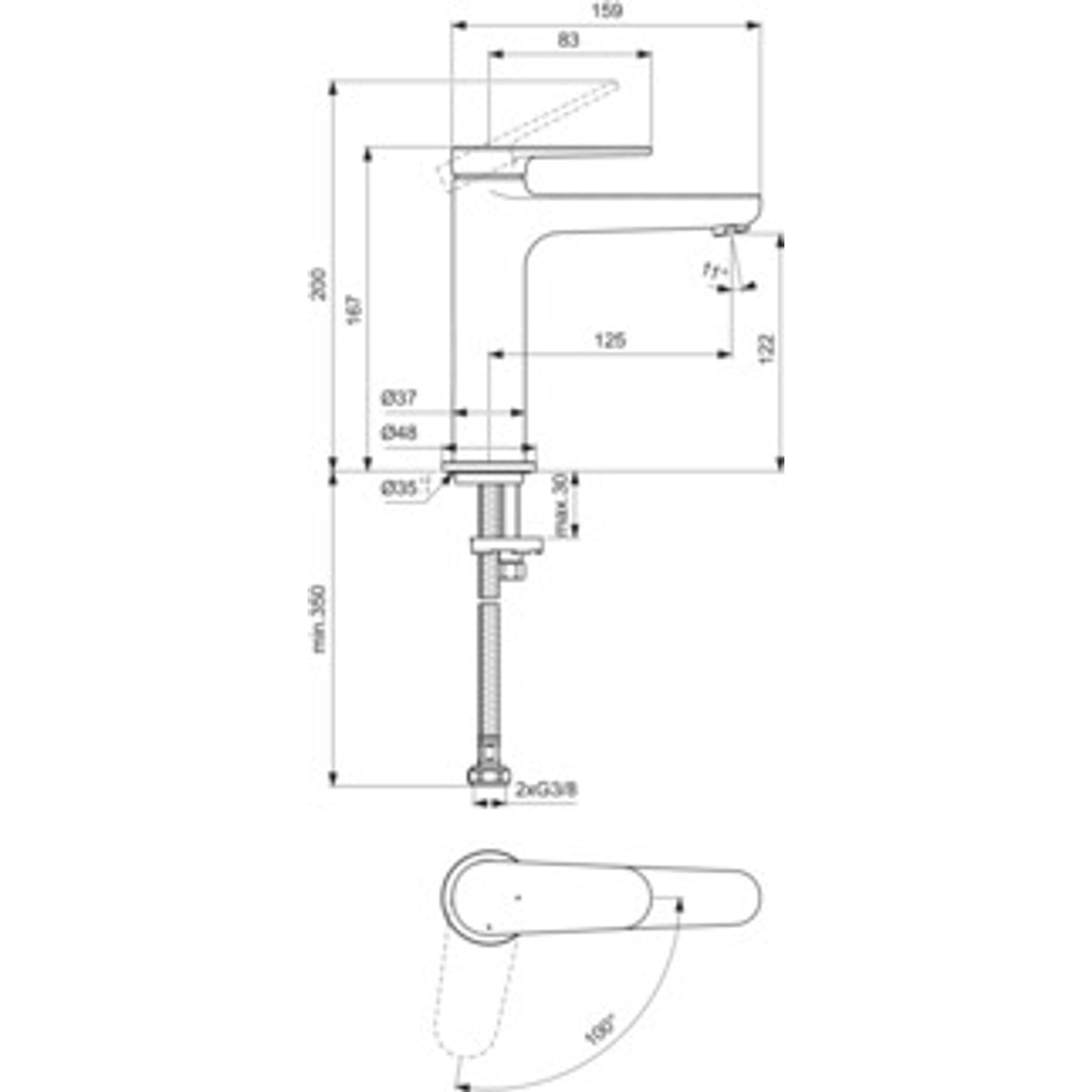Schita tehnica Baterie lavoar Ideal Standard Cerafine O Nuovo fara ventil, H17 cm, crom