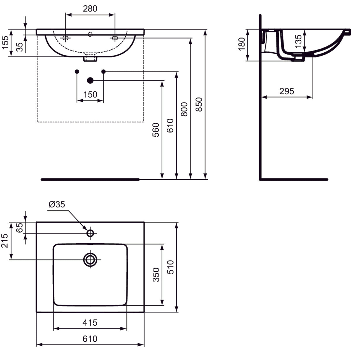 Schita tehnica Lavoar baie suspendat Ideal Standard I.Life B 61x51 cm, cu orificiu pentru baterie