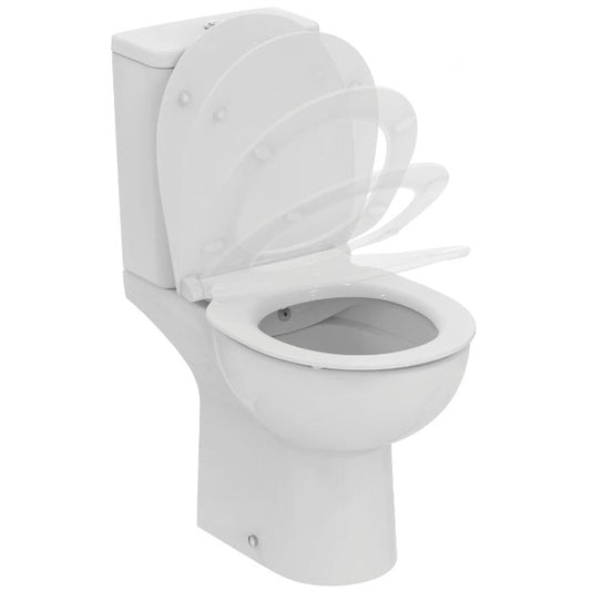 Set Vas WC cu bideu pe pardoseala cu rezervor aparent, baterie si capac soft close Ideal Standard Eurovit Rimless 37x62 cm evacuare orizontala