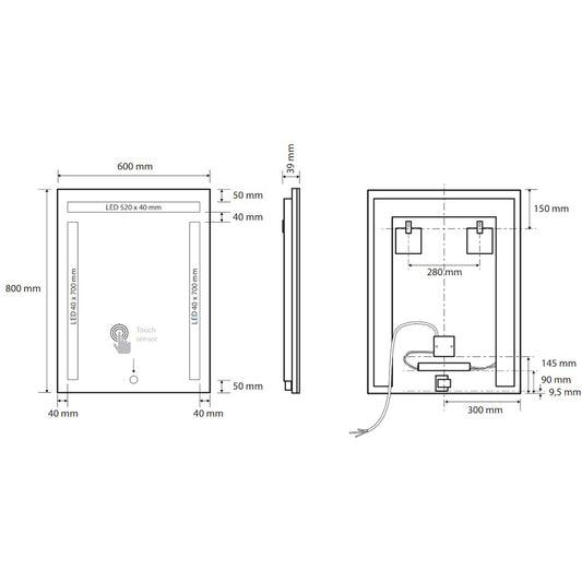 Bemeta Oglinda cu iluminare LED in partea de dus si lateral si touch sensor, 60xH80 cm