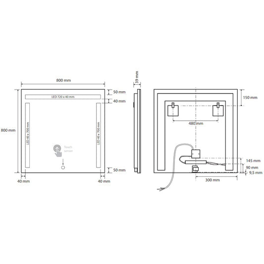 Bemeta Oglinda cu iluminare LED in partea de dus si lateral si touch sensor, 80xH80 cm