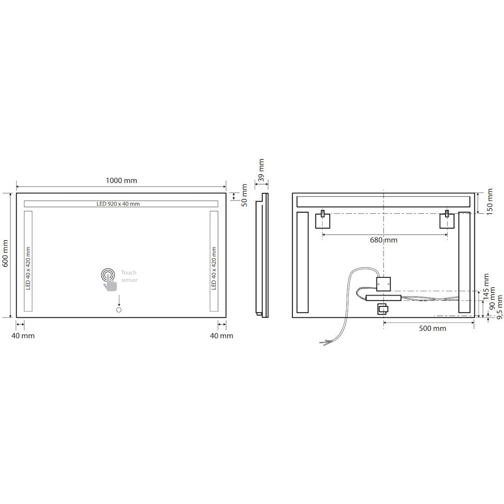 Bemeta Oglinda cu iluminare LED in partea de dus si lateral si touch sensor, 100xH60 cm