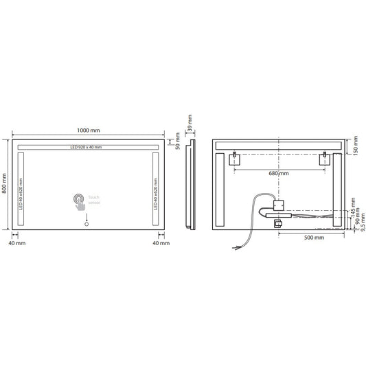 Bemeta Oglinda cu iluminare LED in partea de dus si lateral si touch sensor, 100xH80 cm