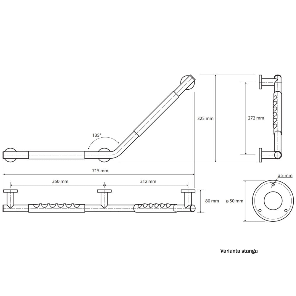 Bemeta Omega Bara de sustinere 135°, inox