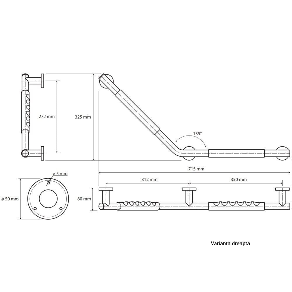 Bemeta Omega Bara de sustinere 135°, inox