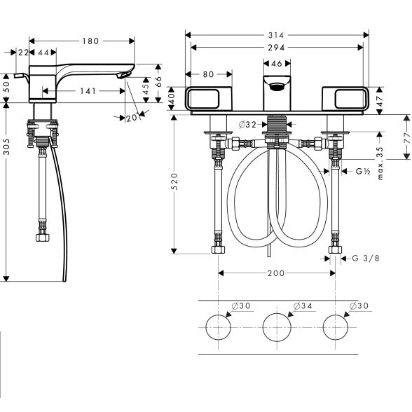 Baterie lavoar Hansgrohe Axor Urquiola 50, dubla comanda, cu suport si ventil pop-up