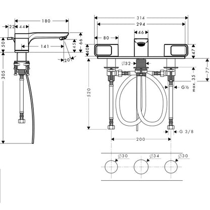 Baterie lavoar Hansgrohe Axor Urquiola 50, dubla comanda, cu suport si ventil pop-up