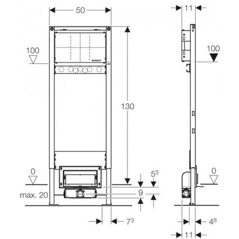 Rigola dus Geberit Duofix cu scurgere in perete Ø50 mm si cadru de montaj pentru baterie