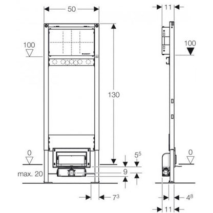 Rigola dus Geberit Duofix cu scurgere in perete Ø50 mm si cadru de montaj pentru baterie