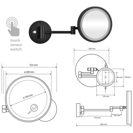 Bemeta Dark Oglinda cosmetica cu LED si touch sensor, Ø20 cm, negru