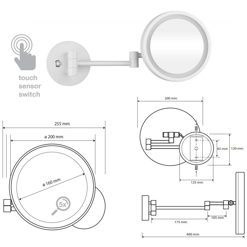 Bemeta White Oglinda cosmetica cu LED si touch sensor, Ø20 cm, alb