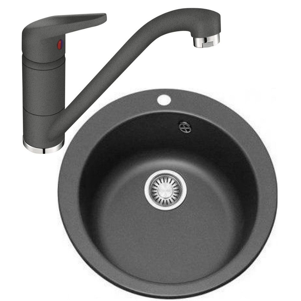 Franke Single 1 Chiuveta bucatarie tectonite Ø50 cm cu baterie monocomanda Novara Plus, negru
