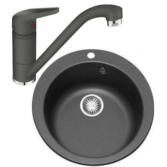 Franke Single 1 Chiuveta bucatarie tectonite Ø50 cm cu baterie monocomanda Novara Plus, negru