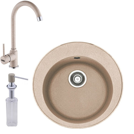 Franke Rotondo ROG 610 Set chiuveta bucatarie granit Ø51 cm cu baterie monocomanda Pola si dispenser sapun lichid, bej (avena)