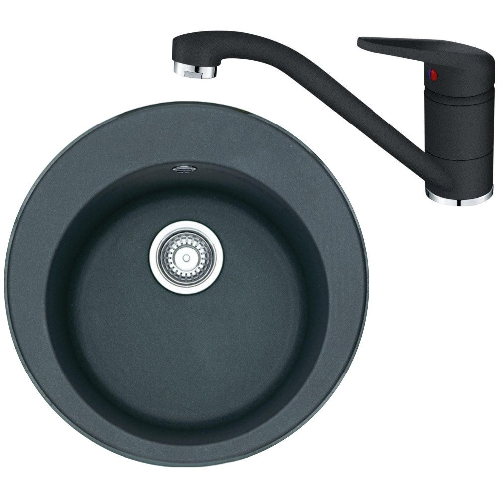 Franke Rotondo ROG 610 Set chiuveta bucatarie granit Ø51 cm cu baterie monocomanda Novara Plus, negru
