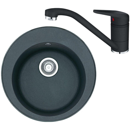 Franke Rotondo ROG 610 Set chiuveta bucatarie granit Ø51 cm cu baterie monocomanda Novara Plus, negru