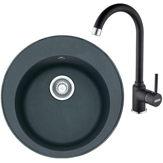 Franke Rotondo ROG 610 Set chiuveta bucatarie granit Ø51 cm cu baterie monocomanda Pola, negru
