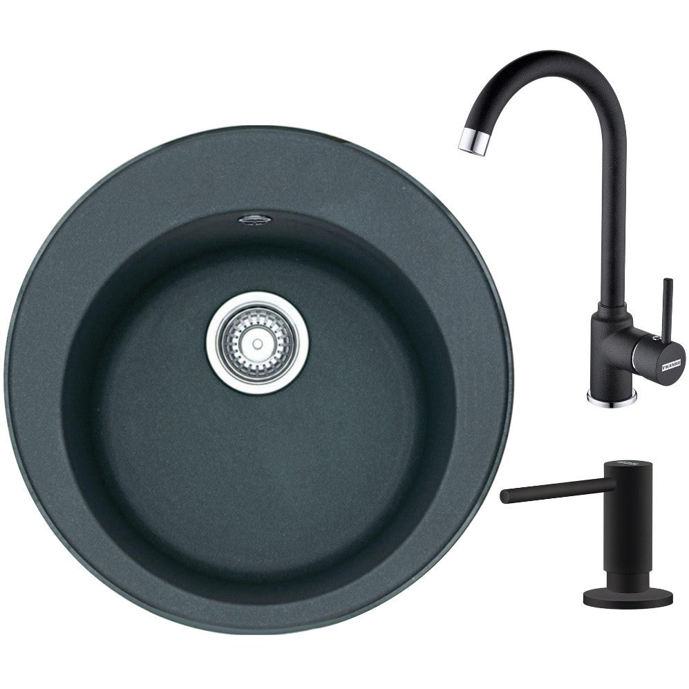Franke Rotondo ROG 610 Set chiuveta bucatarie granit Ø51 cm cu baterie monocomanda Pola si dispenser sapun lichid, negru