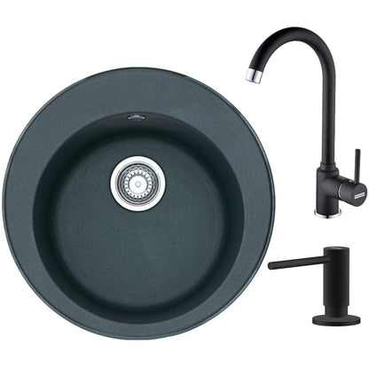 Franke Rotondo ROG 610 Set chiuveta bucatarie granit Ø51 cm cu baterie monocomanda Pola si dispenser sapun lichid, negru