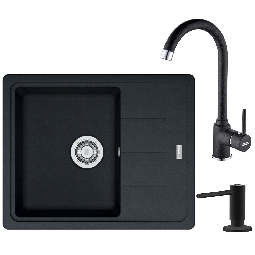 Franke Basis BFG 611-62 Set chiuveta bucatarie granit 62x50 cm cu baterie monocomanda Pola si dispenser sapun, negru