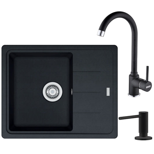 Franke Basis BFG 611-62 Set chiuveta bucatarie granit 62x50 cm cu baterie monocomanda Pola si dispenser sapun, negru